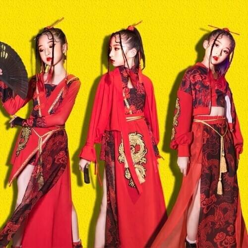 Girls Jazz Dance Costume Chinese Style Catwalk Clothing Red Festival Outfit Hip Hop Jazz Performance Wear Stage Costume DNV14296