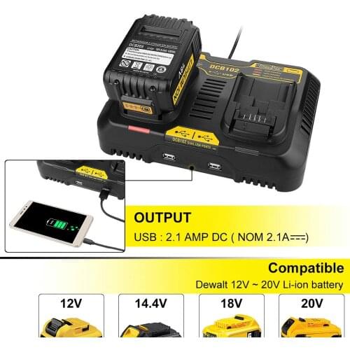 Best Charger for Dewalt 10.8V-20V Li-ion DCB102 DCB112 DCB105 Li-ion DCB200 Dual USB Charger