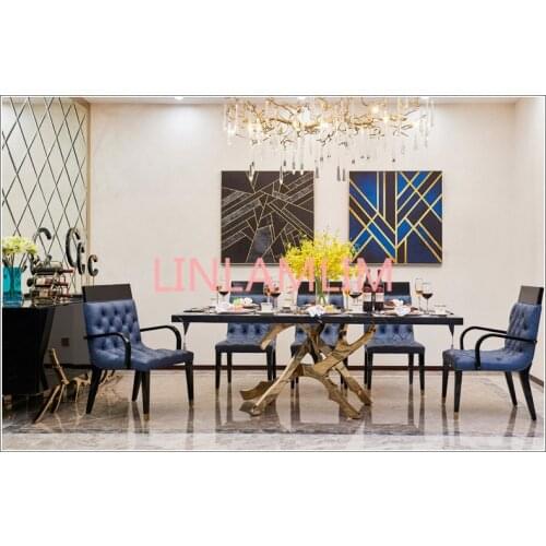Stainless steel Dining Room Set minimalist modern marble dining table and 8 chairs wooden leather mesa de jantar muebles comedor