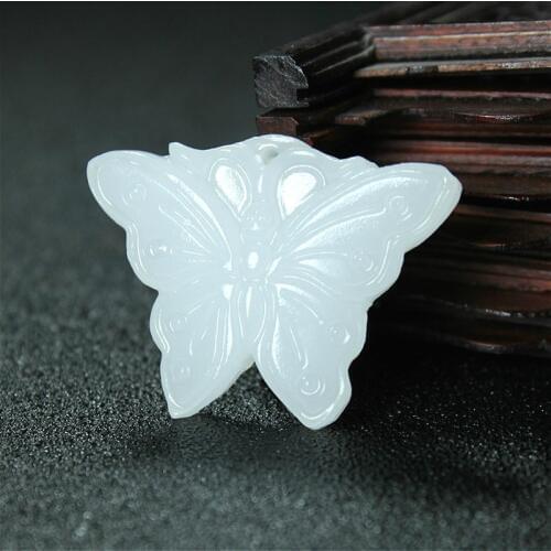 Natural White Jade Butterfly Pendant Necklace Chinese Hand-Carved Charm Jewelry Fashion Accessories Amulet for Men Women Gifts