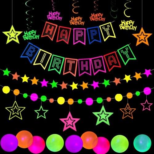 Neon Happy Birthday Banner Glow Balloons UV Blacklight Reactive DIY Birthday Garlands Christmas Luminous Balloons Kids Favors