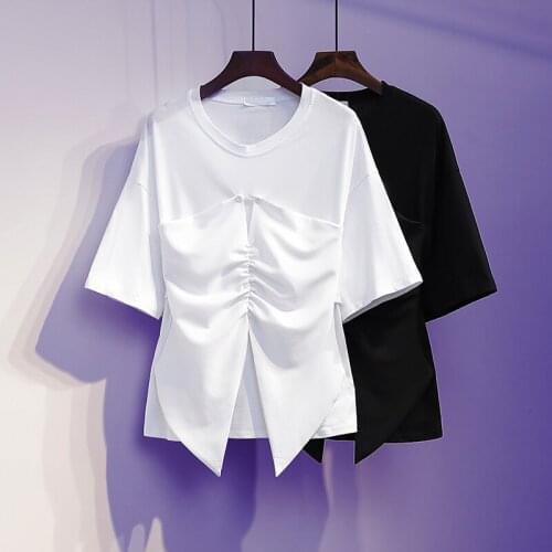 2021 Summer New Niche Loose Stitching T-shirt Short Sleeve Pleated Waist Top