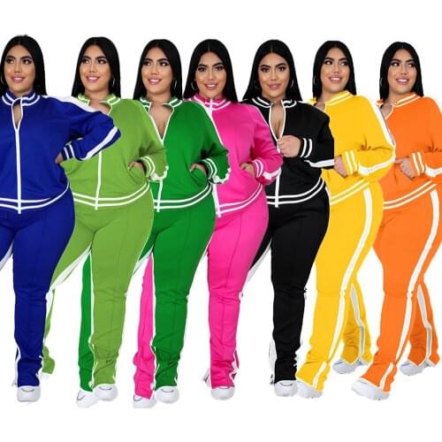 Solid Color Leisure Sports Ladies Suit Womens Clothing Long Sleeve Pocket Zipper Top and Skinny Long Pants Women Two Piece Set