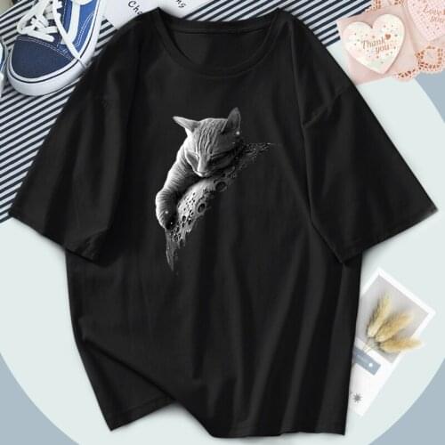 Plus Size Cat Hugs The Moon Tshirts Elegant Womens Fashion Short Sleeve T Shirts Outdoor Hip Hop Tees Funny Tops Poleras Female