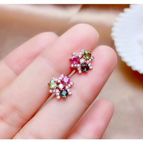Natural Multicolor tourmaline earrings 925 silver Natural gemstone earring Fashion elegant triangle geometry women jewelry