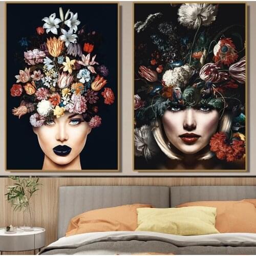 Scandinavian Flowers on head Woman Canvas Painting Corolla poster Tableau Wall Art modern Decorative Paintings Figure Painting