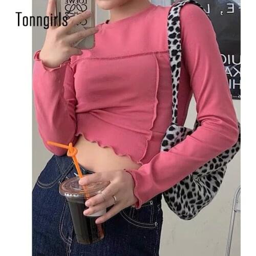 Tonngirls Korean Women T-shirt Causal Slim Crop Top Streetwear Basic Long Sleeve Tees Tops Hipster Y2k T Shirts Autumn Spring