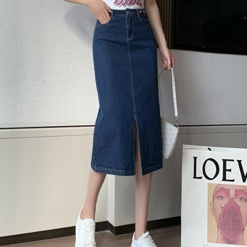 Vintage Deep Blue Women Straight Skirt Jeans 2021 High Waist Sexy Split Denim Long Pencil Skirts Femme Deep Blue