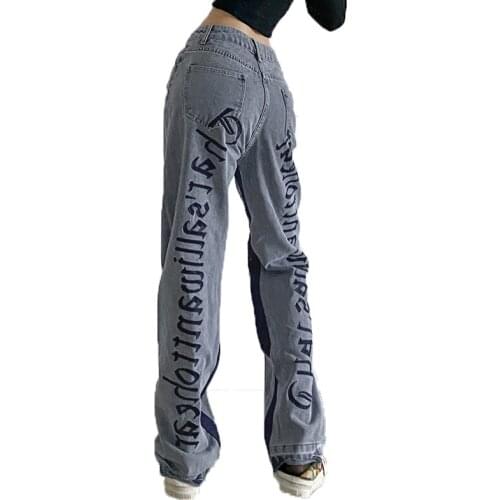 Letter Embroidered Patchwork Jeans Women Spring 2021 Casual Loose High Waist Straight Jeans