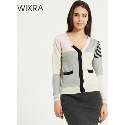 Wixra Women Cardigans Patchwork Single Breasted Knitted V-neck Full Sleeve High Street Sweater Tops Womens Clothing