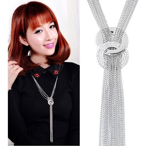 Women Rhinestone Metal Pendant Chain Statement Jewelry Long Tassel Sweater Bib Necklace Jewelry Accessories Link Chain Round