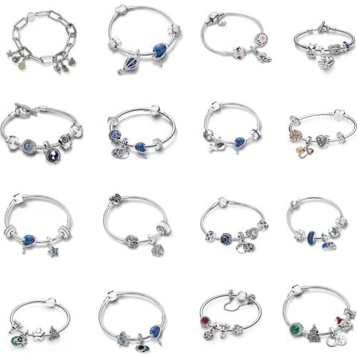 Christmas Tree Blue Star Winter Charm 925 Sterling Silver Female Jewelry DIY Pan Bracelet