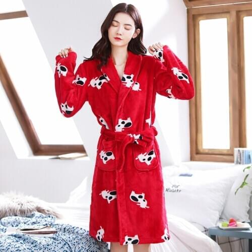 Women Cow Pattern Bath Robe Thick Coral Fleece Night Dressing Gown Bride Robe Pajamas Sleepwear Bathrobe Pijama BMR23