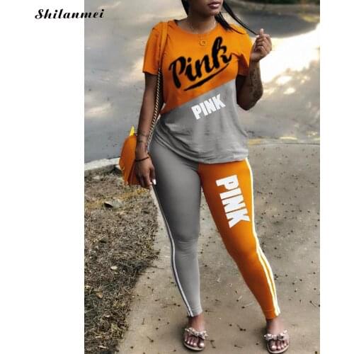 2020 New Tracksuit For Women Pink Letter Print Two Piece Set Casual 2 Pcs Outfits Short Sleeve Tshirts Pants Suits Matching Set