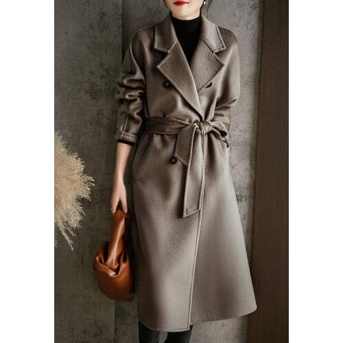 Mid Long Water Corrugated Double Faced Wool Coat Female Autumn and Winter Temperament Hepburn Style