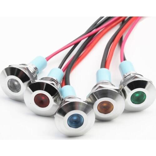 1pcs 10mm Flat head LED Metal Indicator light 10mm waterproof Signal lamp 6V 12V 24V 220v with wire red yellow blue green white