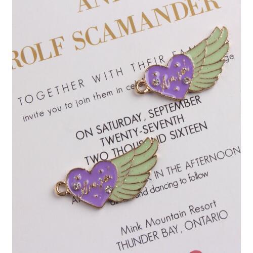 10pcs Crystal Purple Love Wings Drop Charms Metal Enamel Charm Pendant for DIY Craft Bracelet Necklace Earrings Jewelry Making