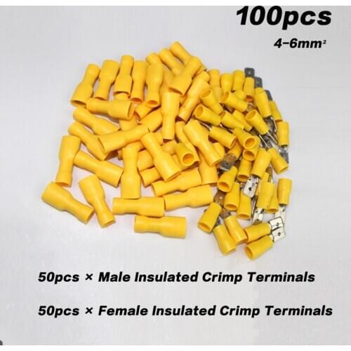 100pcs 50pairs 4-6mm² 14-12AWG Female Male Electrical Wiring Connector Insulated Crimp Terminal Spade Blue FDFD5.5*50 MDD5.5*50