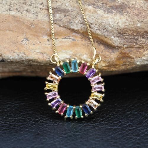 2020 New Cute Romantic Women Necklace Round Rainbow CZ Pendants Charm Gold Color Jewelry Copper Chain Necklace Top Grade Gift