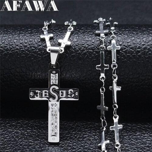 2021 Small Jesus Crystal Stainless Steel Cross Necklaces Women Silver Color Chocker Necklace Jewelry bijoux femme XH8029S05