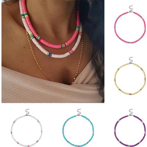 Boho Choker Polymer Clay Necklace Handmade Colorful Beads Soft Pottery Round Plate Collar Summer Beach Jewelry Gifts For Women