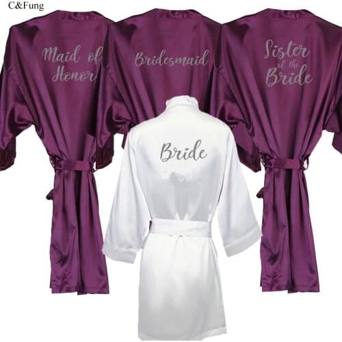 C&Fung new purple robe silver writing mother of the groom robes wedding Short Bride kimono bridesmaid satin robe drop shipping