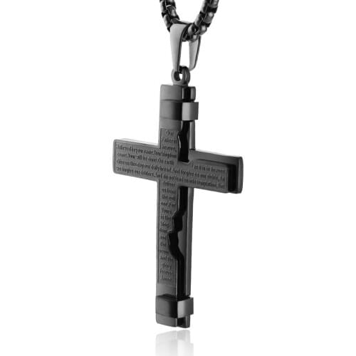 HZMAN Religion Cross Lords Prayer Stainless Steel Pendant Necklace Rolo Cable Wheat Chain