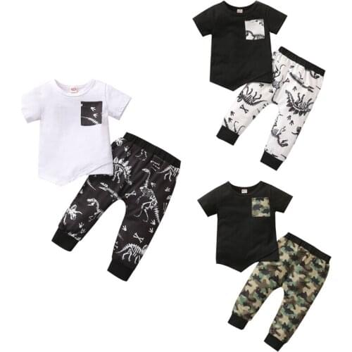 FOCUSNORM 1-4Y Summer Causal Kids Boys Clothes Sets Cartoon Animal/Camouflage Print Short Sleeve T Shirts Tops Pants