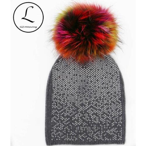 GZHILOVINGL 2017 Women Winter Wool Thick Long Solid Casual Knitted Beanies Skullies Hat Girls Multi Color Real Fur Pom Pom Hats