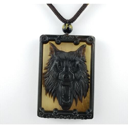 Chinese Hand Carving Ox Horn Mens WOLF Pendant Necklace Lucky Woman Gifts Amulet Jewelry