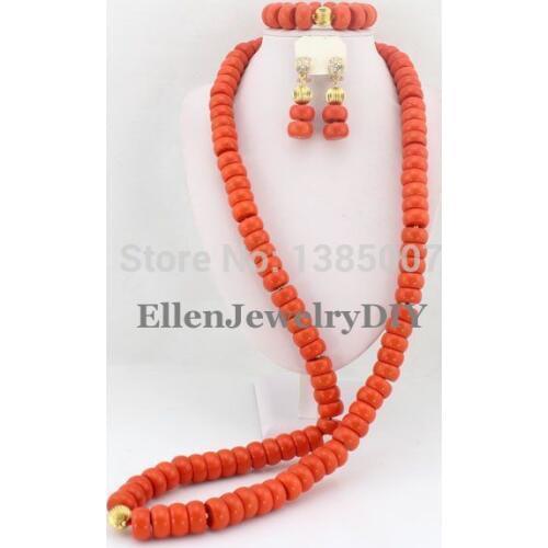 Long Style African Nigerian Wedding Beads Coral Jewelry Sets,African Beads Coral Necklace Bracelet Earrings Sets TL1372