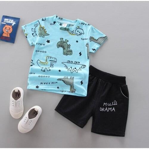 Baby Boys Girls Clothing Summer Suit 2020 New Childrens Fashion Casual Dinosaur Printing Short Sleeved T-shirt + Letter Pant Set