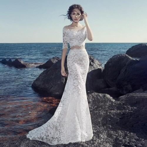 Mermaid Half Sleeves Lace Wedding Dress Personalised Plus Size False Two Pieces Illusion Off Shoulder Zipper Beach Bridal Gowns