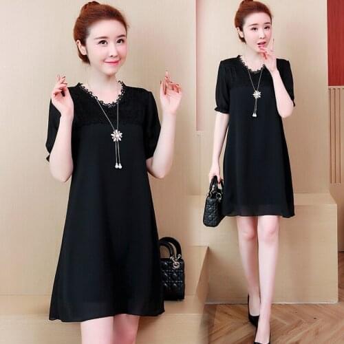 Summer Office Lady A-line Solid Short Sleeve Casual Streetwear V-neck Fashion Elegant Chiffon Lace Pattern Plus Size Party Dress