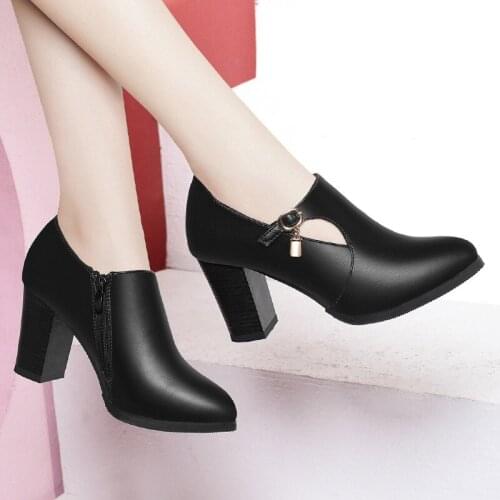 2020 Hot Women Shoes Spring Winter PU Leather Pointed Toe High Heel Solid Mom Shoes Zipper Wedding Female Pumps Boots Plus Size
