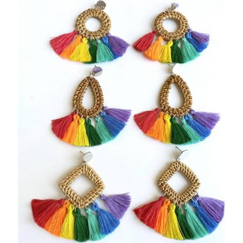 Mini Rainbow Tassel Fringe with Open Round Teardrop Rattan Earrings 2021 Trendy Bohemian Jewelry Wholesale