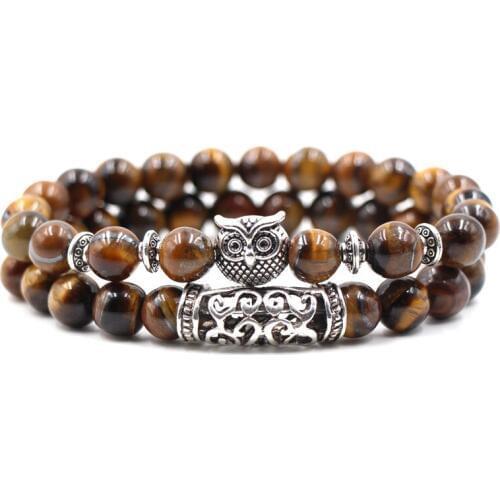 KARAIRIS 2 Pcs/set Trendy Natural Beads Tigers Eye Bracelets Buddha Owl Lion leopard Yoga Prayer bracelets For Women Men