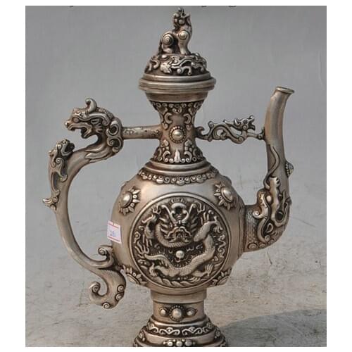 Wholesale factory 9" Chinese Silver Dragon Unicorn Head PiXiu Statue Folk Flagon Teapot Wine Pot