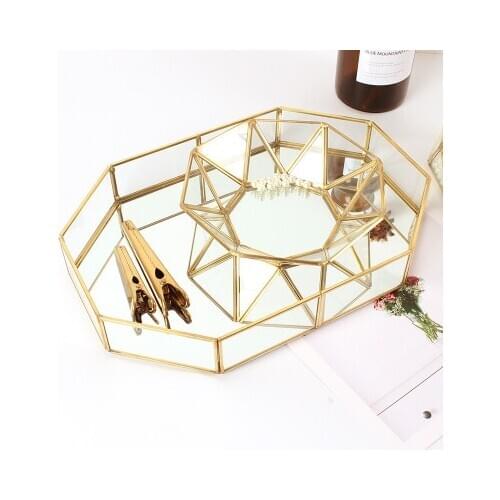 Display Storage Tray Brass Glass jewelry plate Makeup Organizer Dessert Plate Home Kitchen Decor