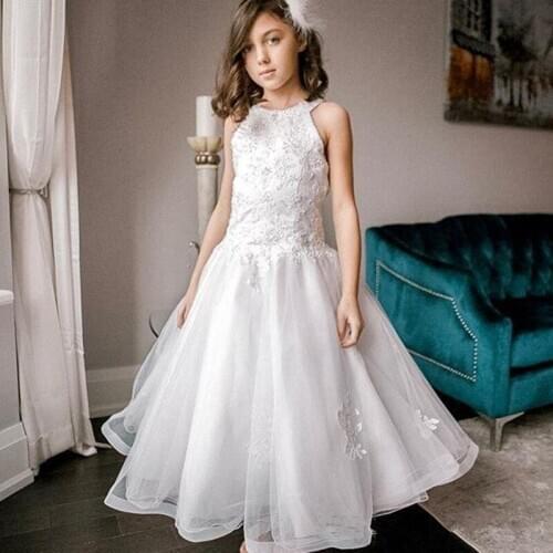 Puffy A-Line Flower Girls Dresses 2020 Little Girls Communion Dresses Appliques Beadedvestido daminha de casamento menina