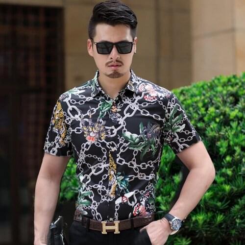 125kg 7xl Plus Size Mens Shirts Large Sizes Fancy Blouse Chain Printed Mens Short Sleeve Shirts Summer Hawaiian Clothes Big Size