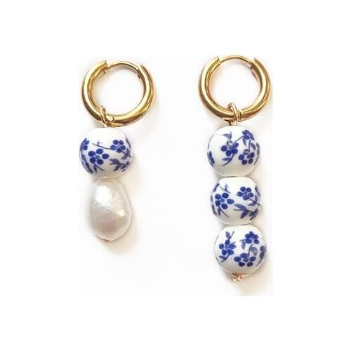 Natural Pearl Pendant Earrings Ethnic Chinese style blue flower ceramic beads women trendy charm Stainless Steel Hoop 2021 сереж