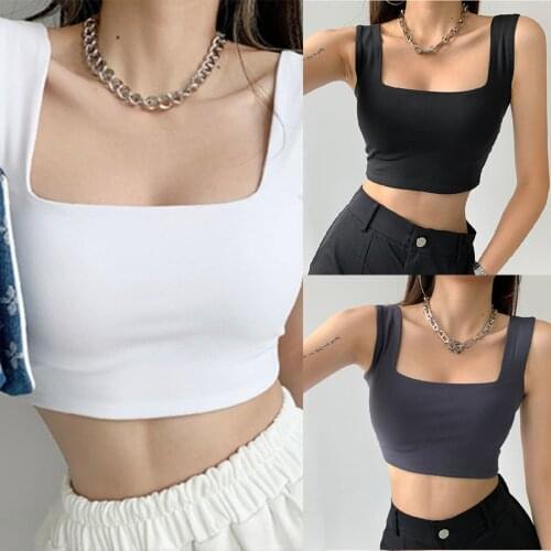 Camisole Stretch Square-Neck Cotton Womens Short Crop Top Slim Sports Outer Wear Bottoming Shirt LL@17