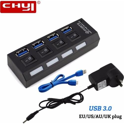 CHYI USB 3.0 HUB 4 Ports Splitter With LED ON/OFF Switch USB3.0 Cable AU/EU/US/UK External Power Adapter For PC Laptop Computer