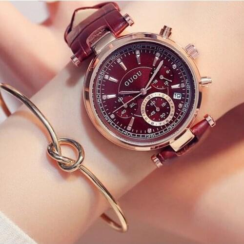 Fashion Guou Brand Women Luxury Waterproof Real Six-pin Calendar Leather Quartz Ladies Dress Watches Bracelet Girl Gift Clocks