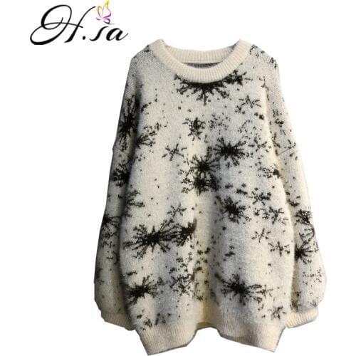 H.SA Women Long Sweater and Pullovers Fashion Loose Jumpers Black White Galaxy Harajuku Pull Femme oversized Mohair sweater