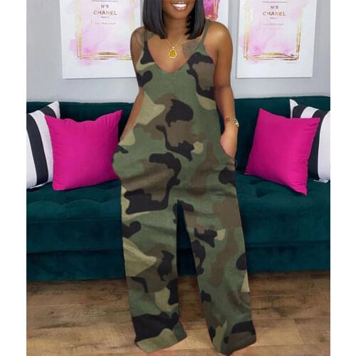Women 2021 Camouflage Spaghetti Strap V Neck Female Lady Clothing Summer One Piece Jumpsuits Rompers Playsuits Long Pants