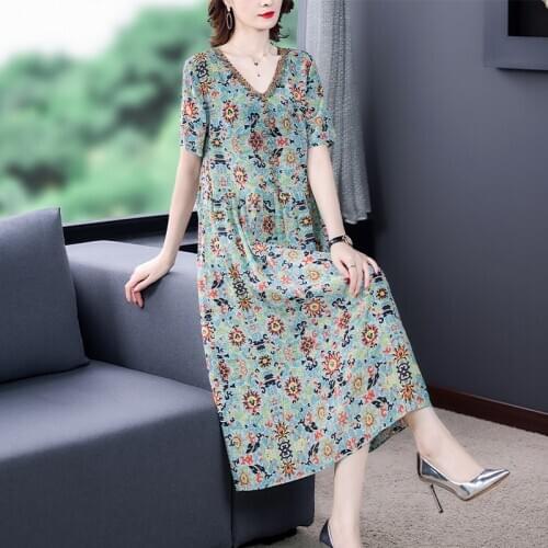 2021 Summer Boho Casual Floral Mulberry Silk Midi Dress Spring Vintage Print 4XL Plus Size Vestidos Elegant Women Bodycon Dress