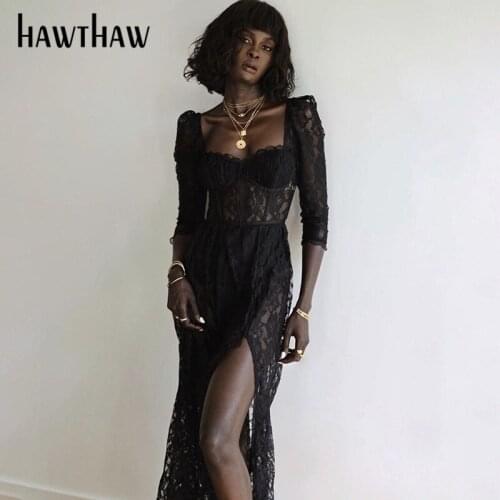 Hawthaw Women Summer Fashion Square Collar Black Lace See Through Open Fork Split Elegant Dress 2021 Female Clothing Streetwear