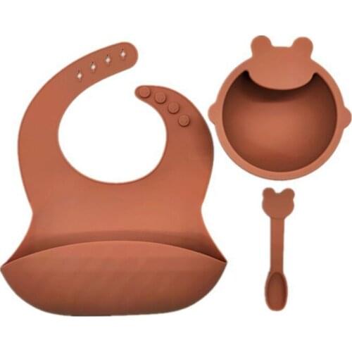 D0AF 3 Pcs Baby Silicone Bib Sucker Bowl Spoon Set Training Feeding Food Dinner Plate